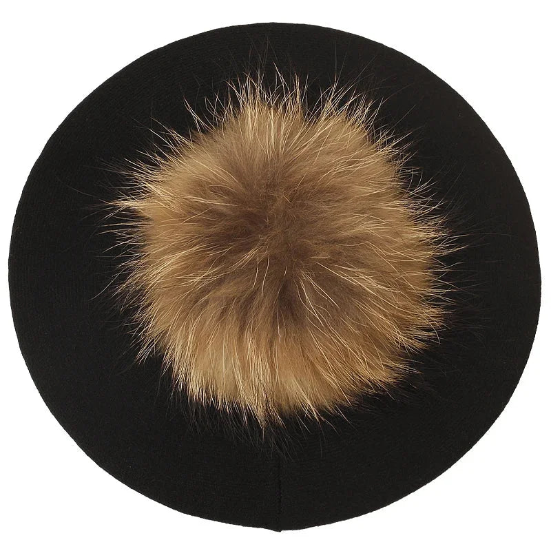 Black beanie with fur pompom.