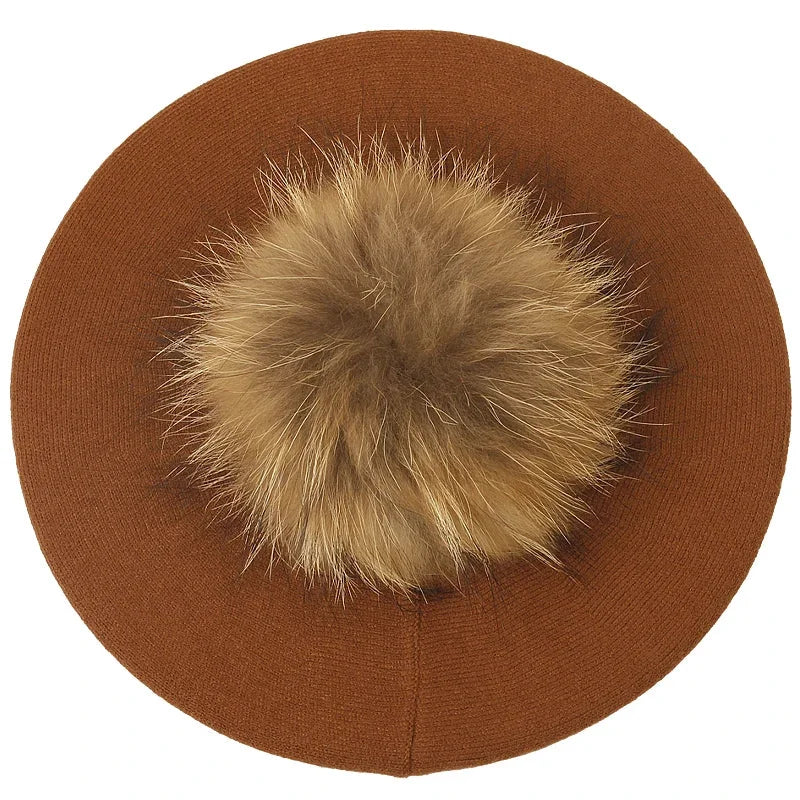Brown beret with fur pompom.
