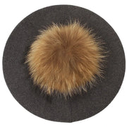 Gray beret with fur pompom.