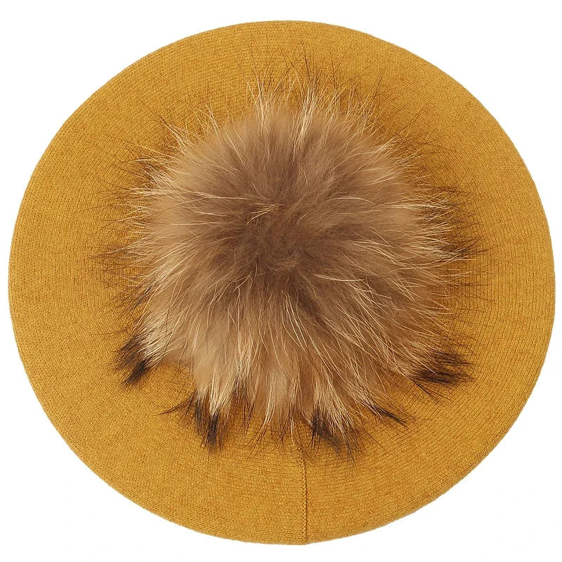 Mustard-colored beret with fur pompom.