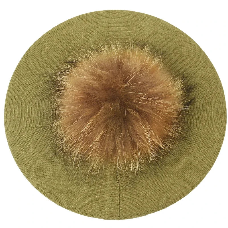 Olive green beret with fur pompom.