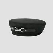 Black military-style hat with silver clasp.