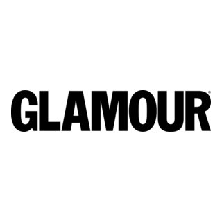 Black 'GLAMOUR' logo on a green background