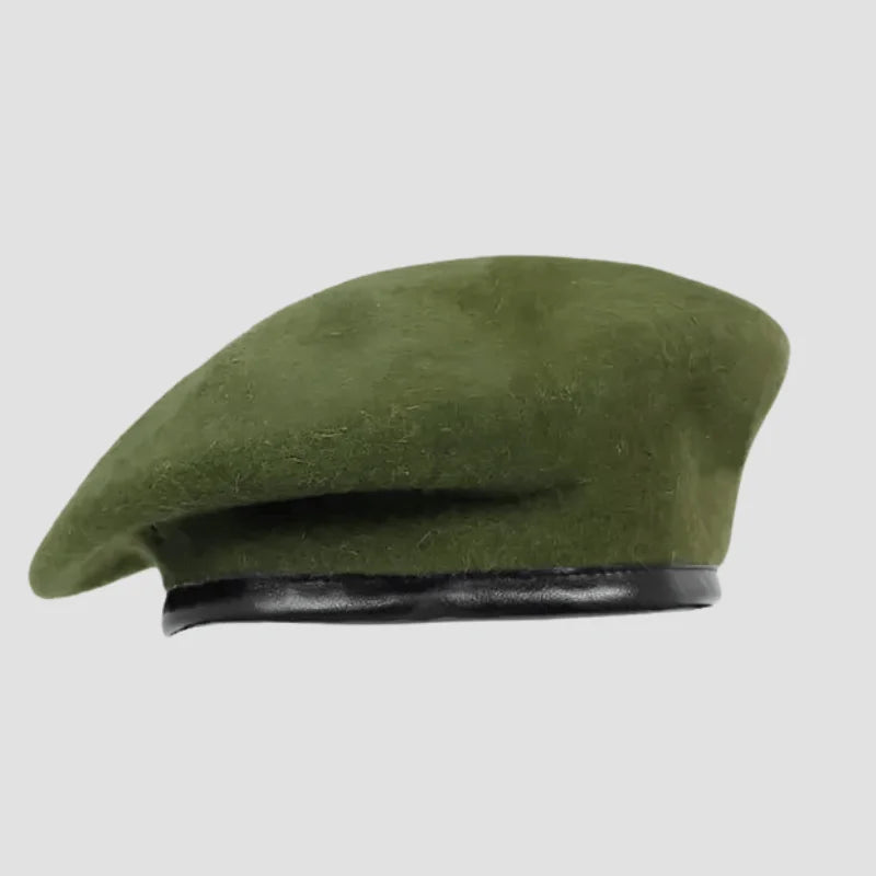 Olive green beret.
