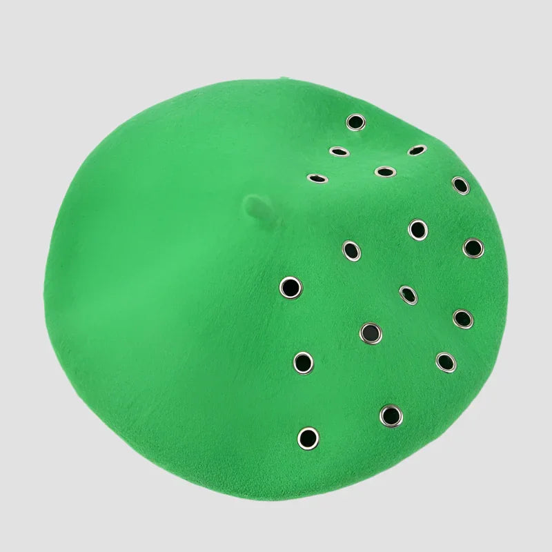 Green beret with eyelets.