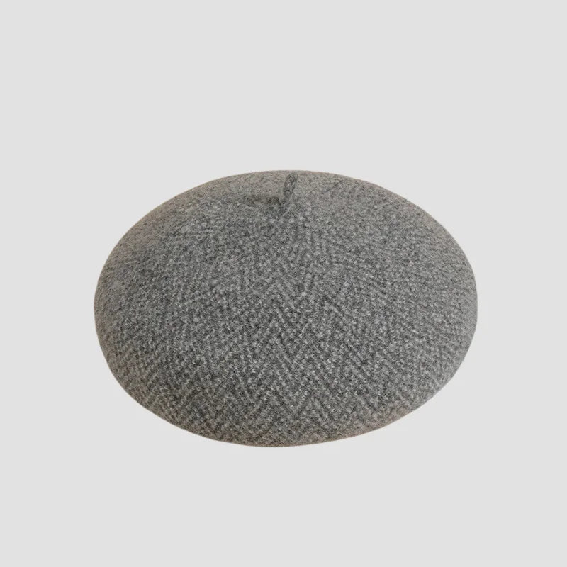 Gray herringbone beret.