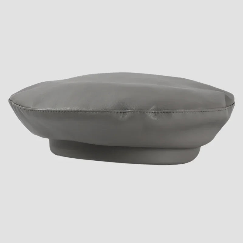 Gray faux leather beret.