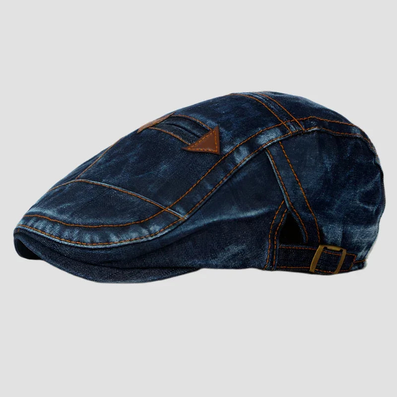 Denim flat cap with buckle.