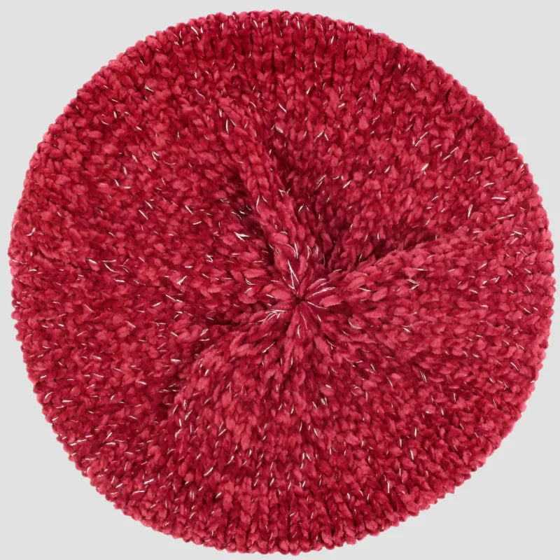 Red knitted beret with silver threads.
