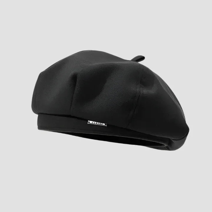 Black beret hat.