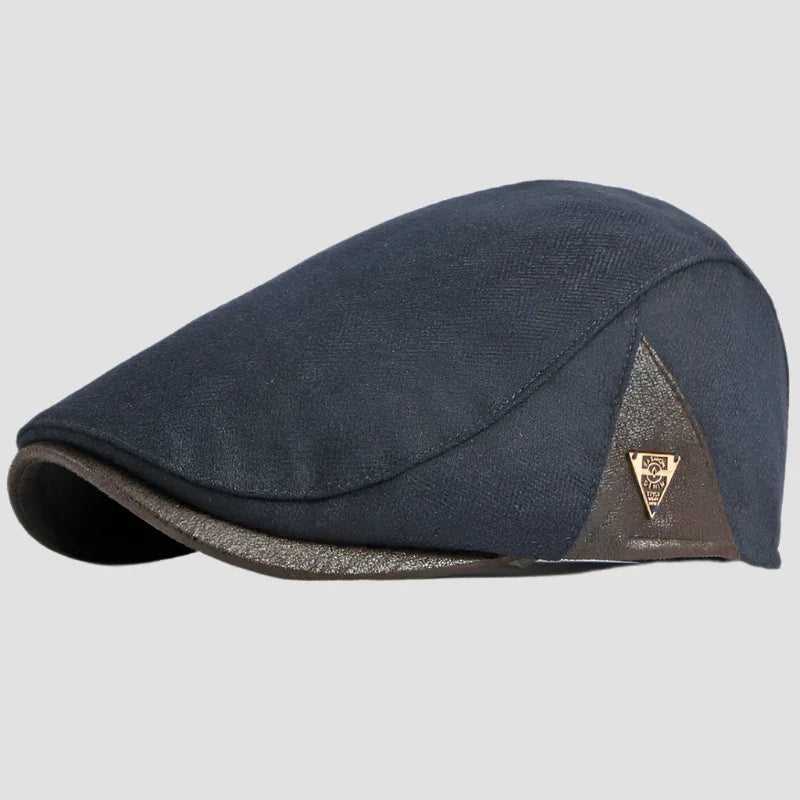 Navy blue flat cap.