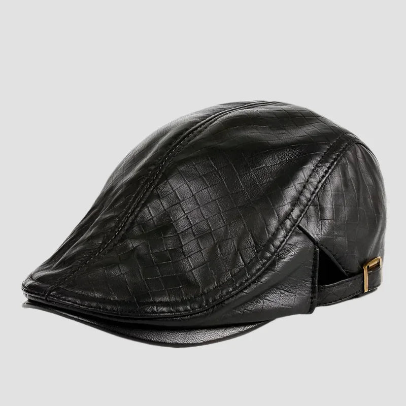 Black leather flat cap.
