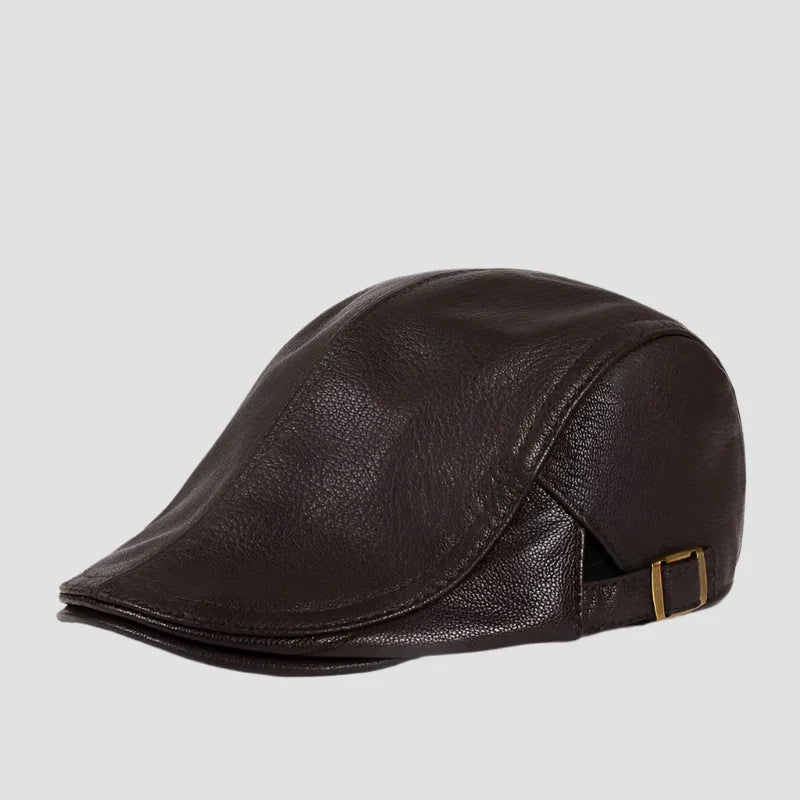 Brown leather flat cap.