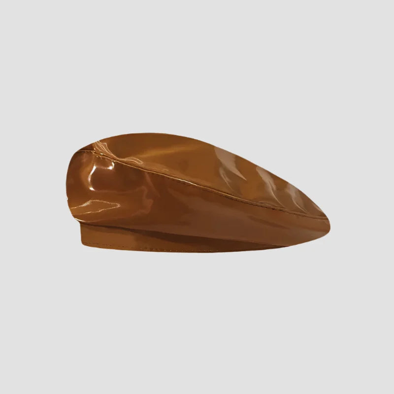 Brown patent leather beret.
