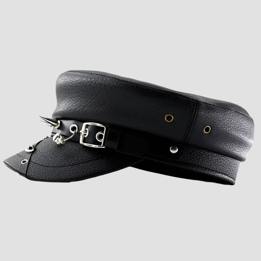 Black leather punk cap.