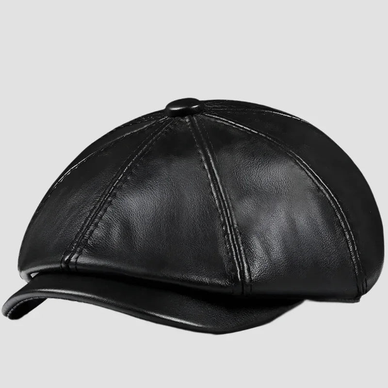 Black leather newsboy cap.