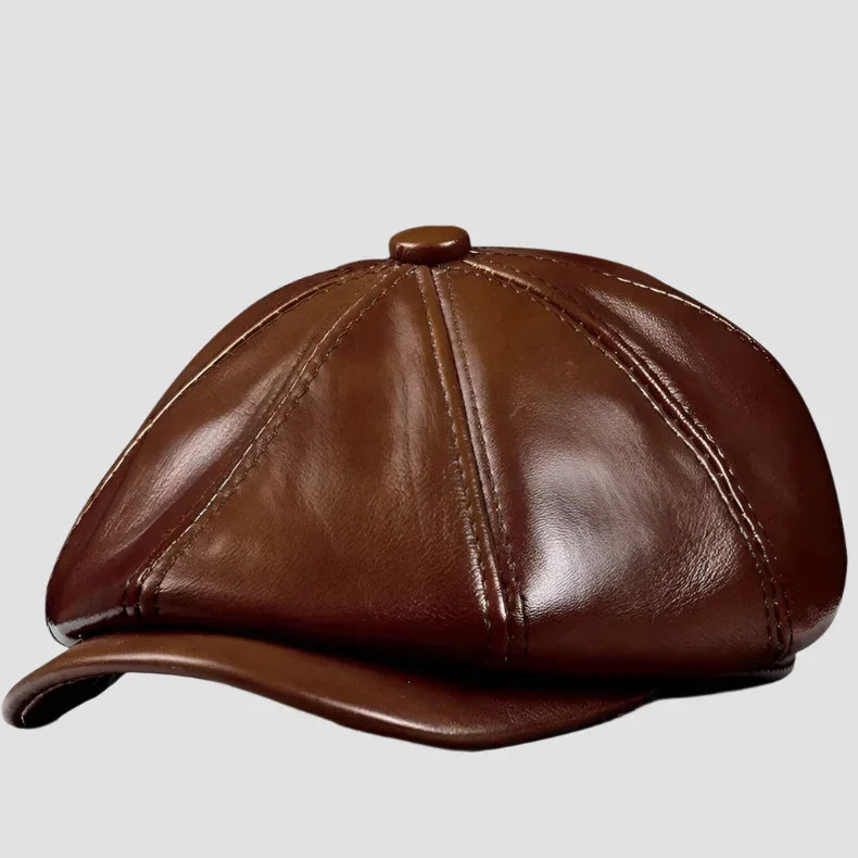 Brown leather newsboy cap.