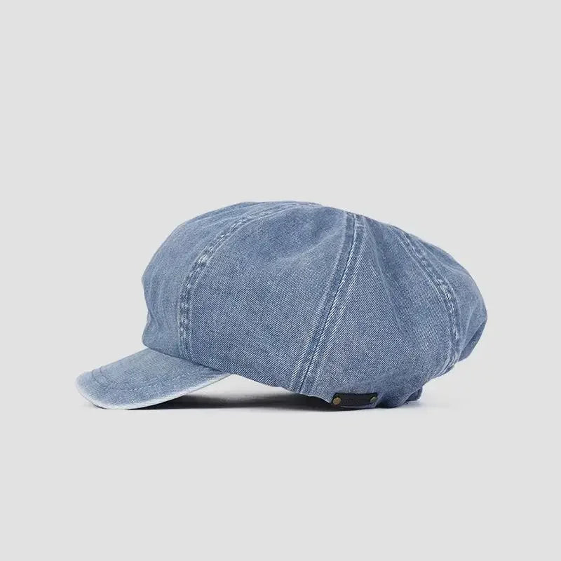 Blue denim newsboy cap.