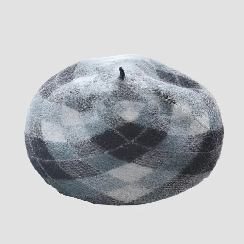 Gray and white argyle beret.