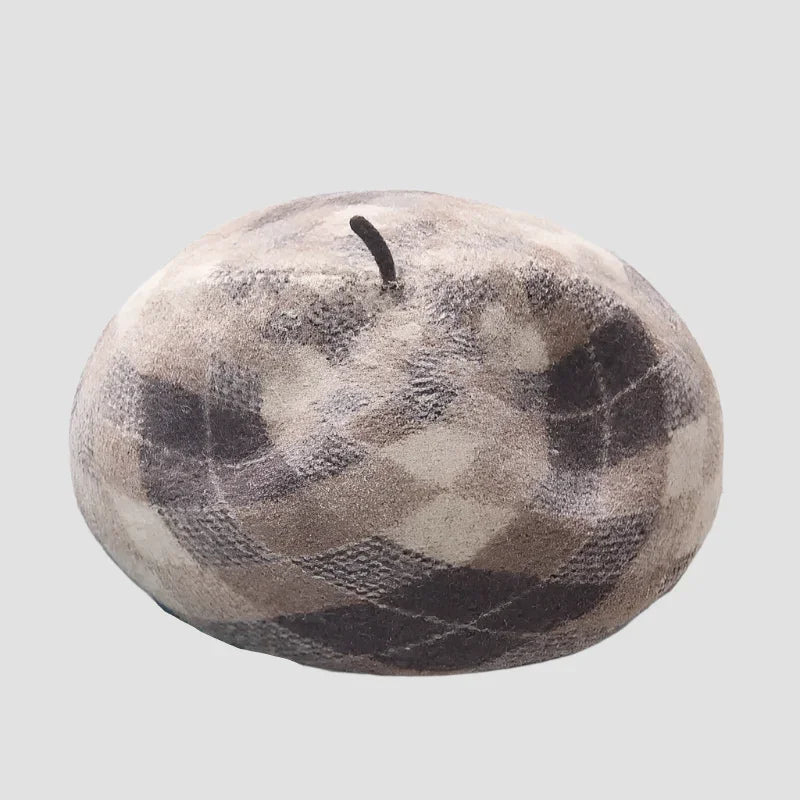 Plaid beret with a stem.