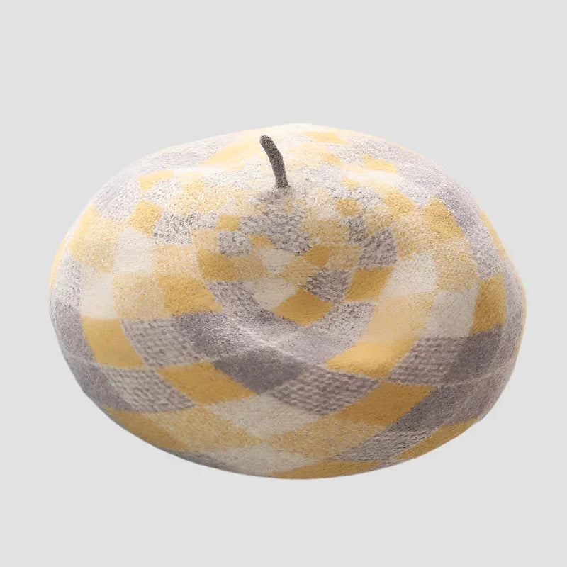 Yellow and gray checkered beret.