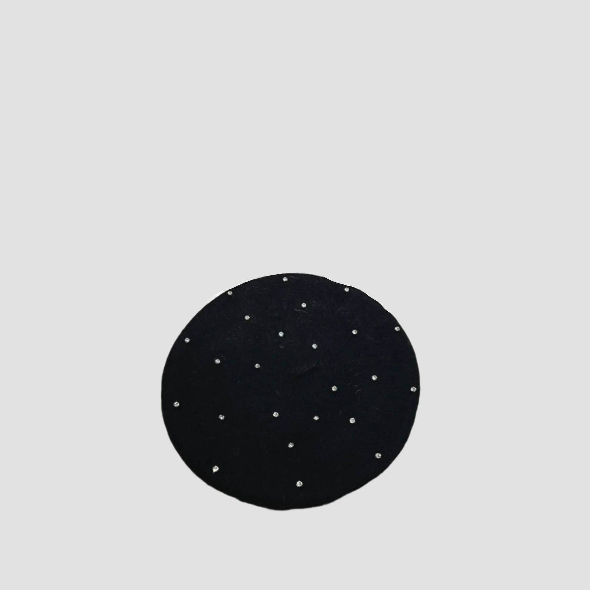 Black round rug with white dots.