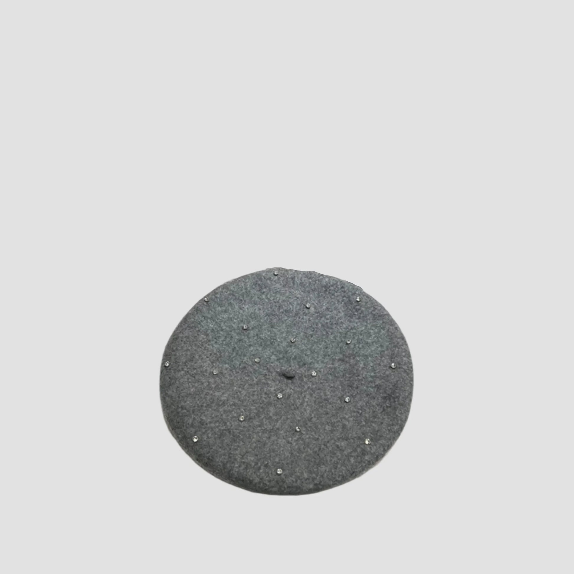 Gray beret with rhinestones.