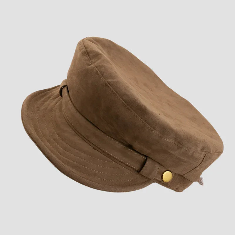 Brown canvas captain’s hat.