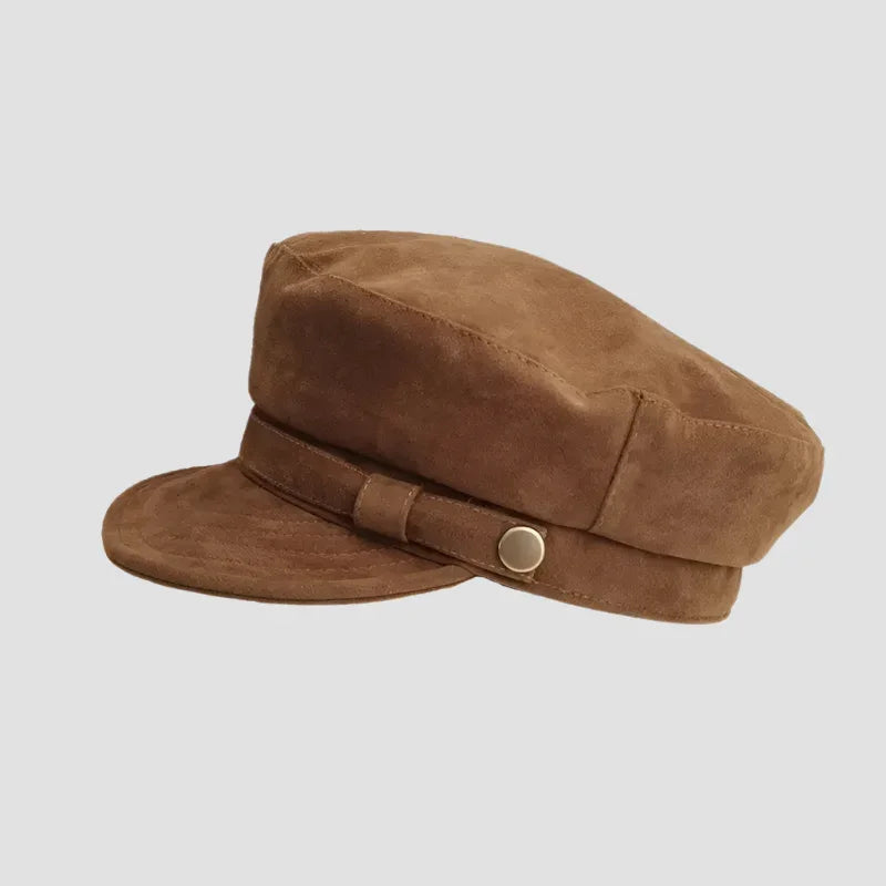 Brown suede captain’s hat.