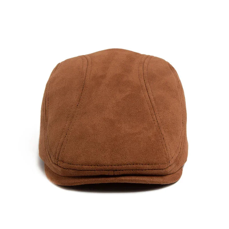 Brown suede flat cap.