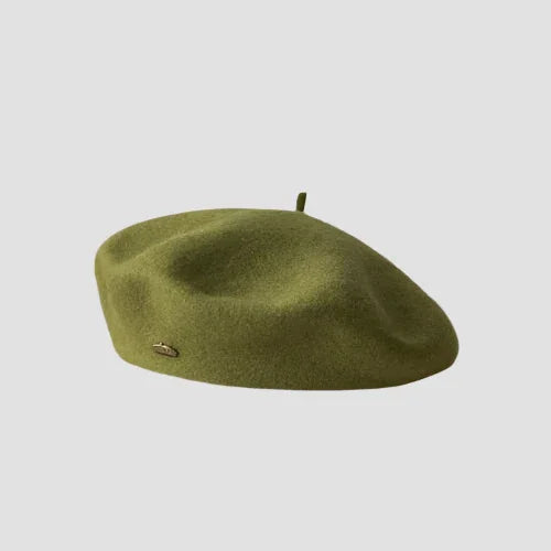 Olive green wool beret.