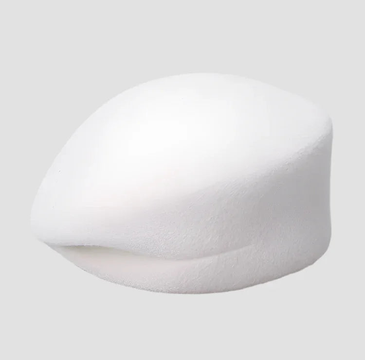 White beret-style hat.