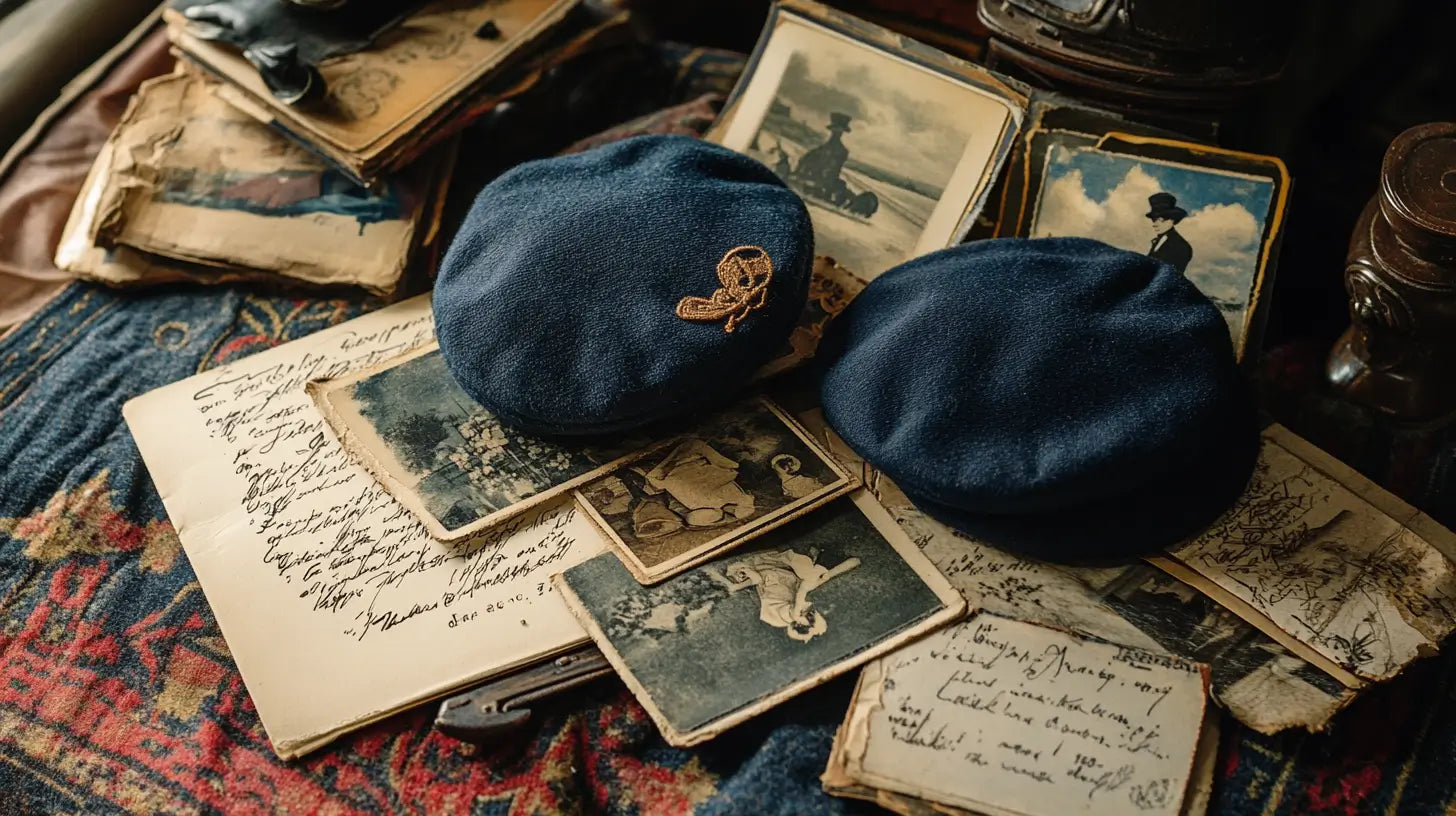 Elegant still-life of French berets with vintage postcards and accessories, showcasing timeless style and cultural heritage.