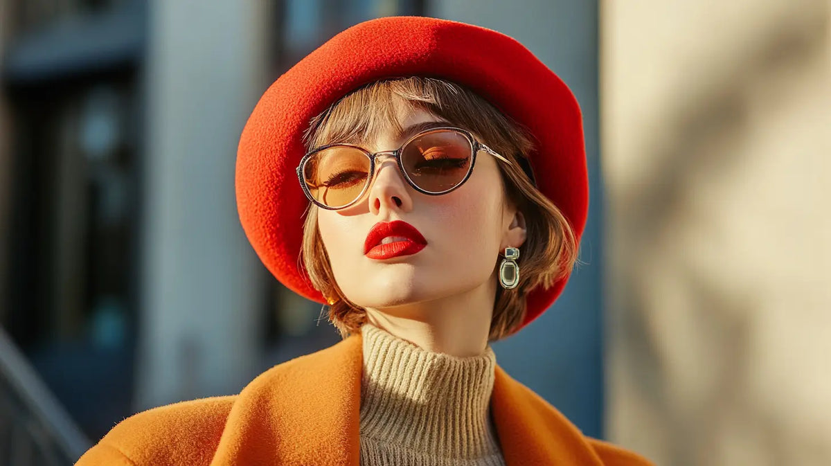 A fashionable individual wearing a bright beret paired stylishly with a modern outfit, set against a soft, naturally lit urban background.