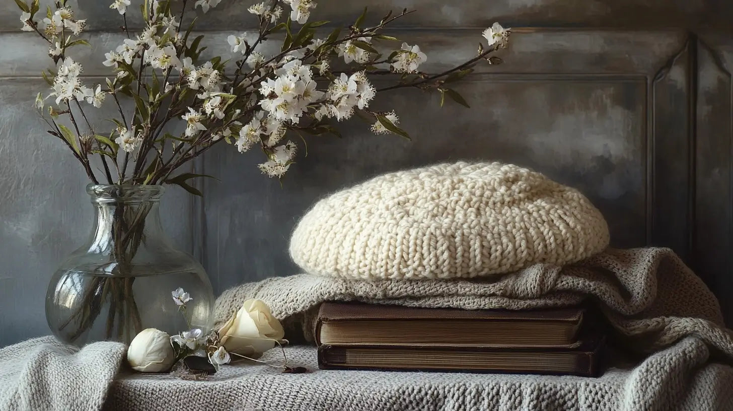 An elegant still-life featuring a handcrafted crocheted beret artfully arranged with delicate vintage accessories under soft, natural lighting.