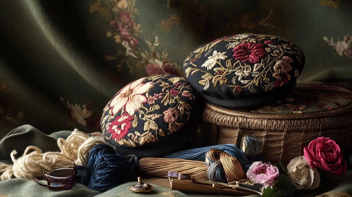 An elegant still-life featuring beautifully embroidered berets with fashion accessories and embroidery threads, highlighting their intricate designs and timeless style.