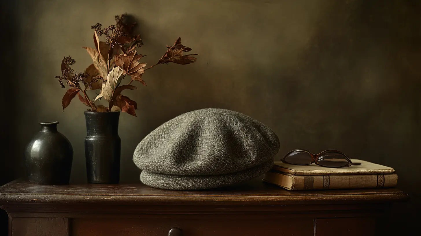 A high-resolution photograph showcasing an elegant beret in a refined still-life setting, emphasizing timeless craftsmanship and classic French sophistication.