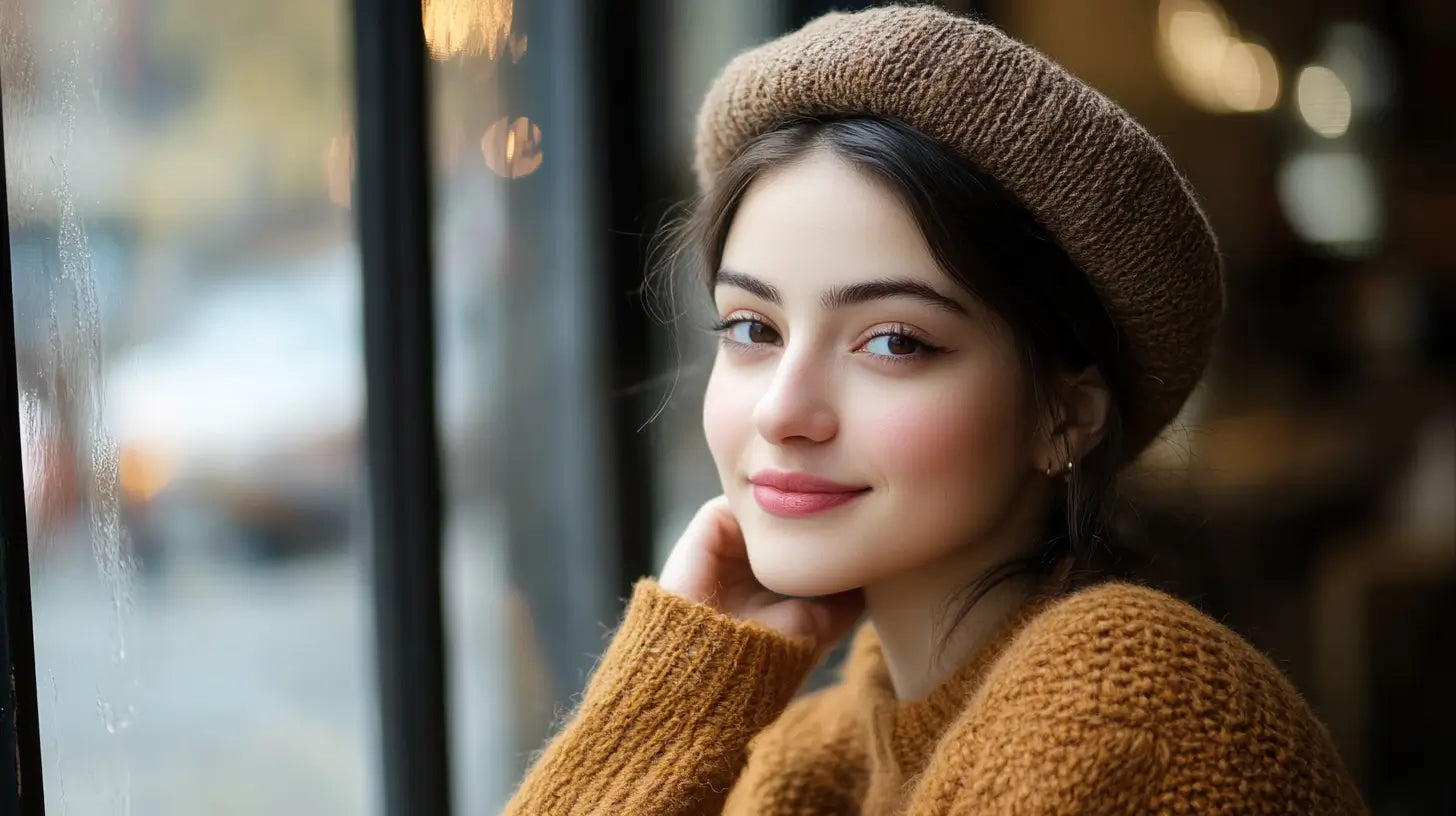 Stylish woman elegantly wearing a wool beret at a charming café, showcasing femininity and timeless style.