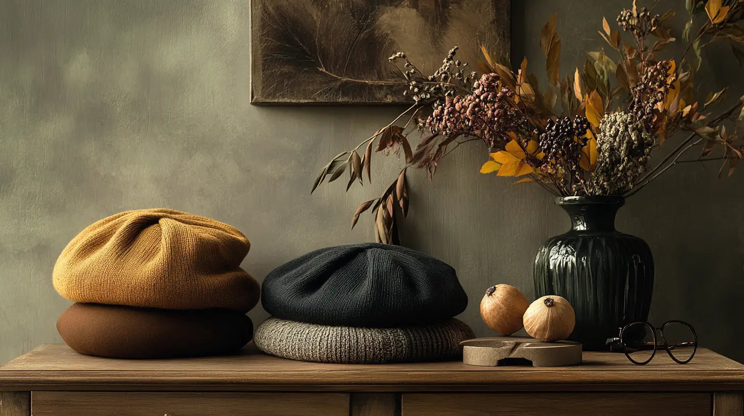 Refined still-life featuring seasonal berets arranged elegantly with subtle accessories, showcasing year-round versatility.