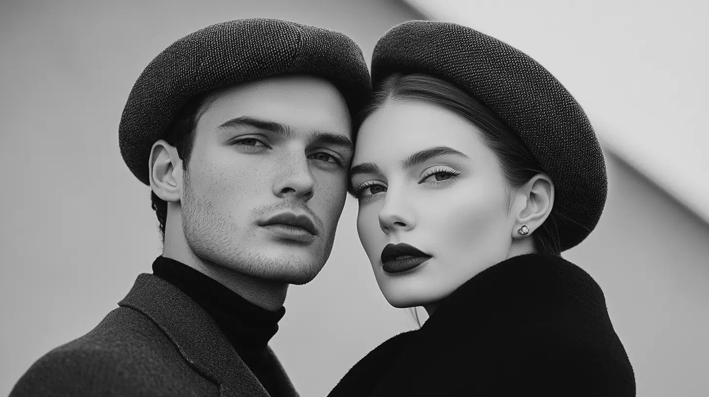 A man and woman stylishly wearing classic berets, highlighting the unisex appeal and timeless elegance of the accessory.
