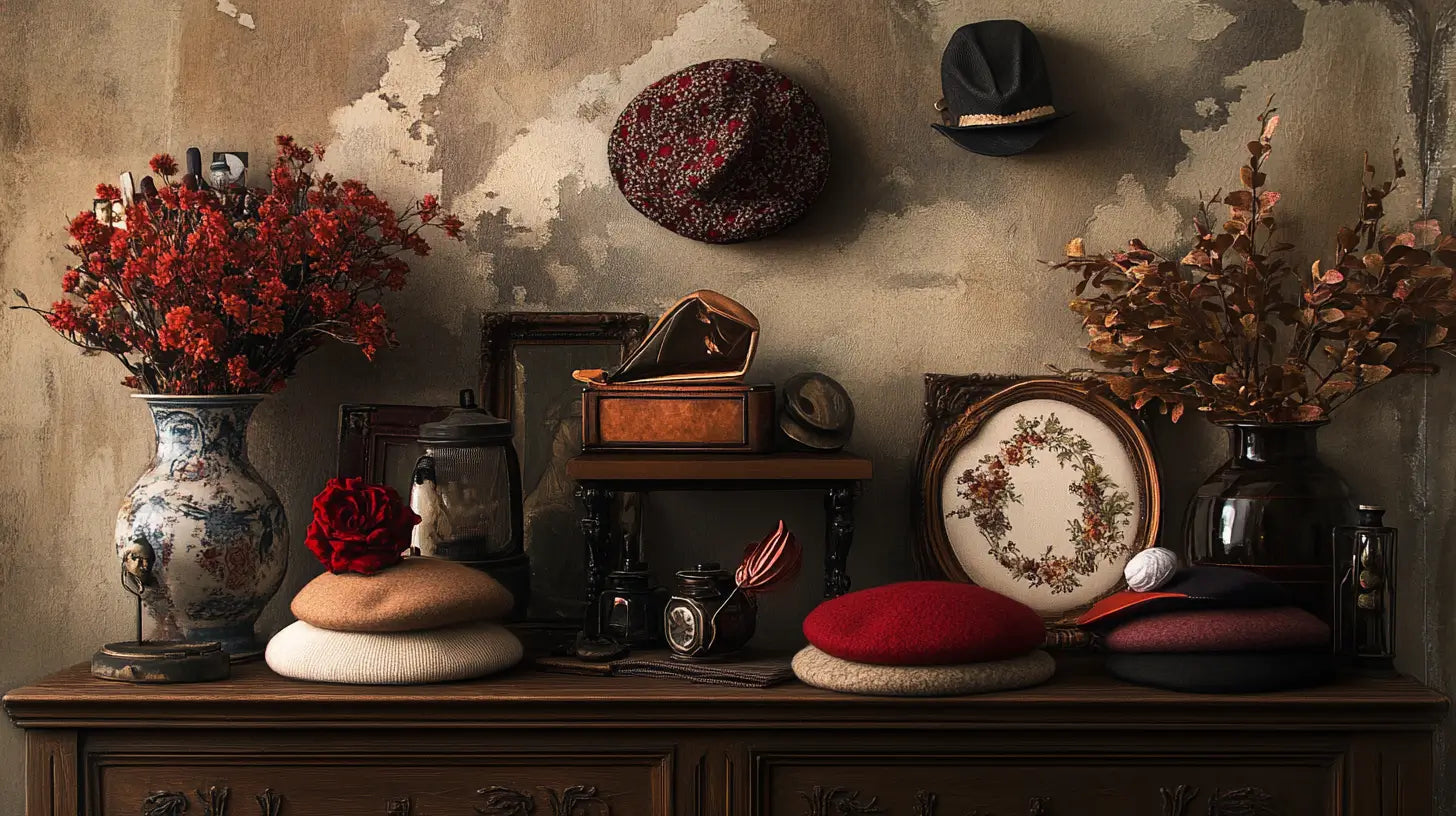 Elegant still-life featuring various beret styles with tasteful accessories, highlighting their craftsmanship and cultural heritage.