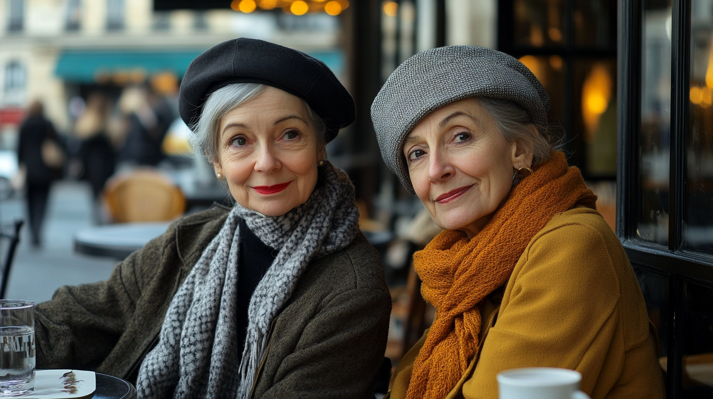 Two women of different ages elegantly styled with classic berets, seated at a Parisian café, demonstrating the timeless charm and versatility of beret fashion.