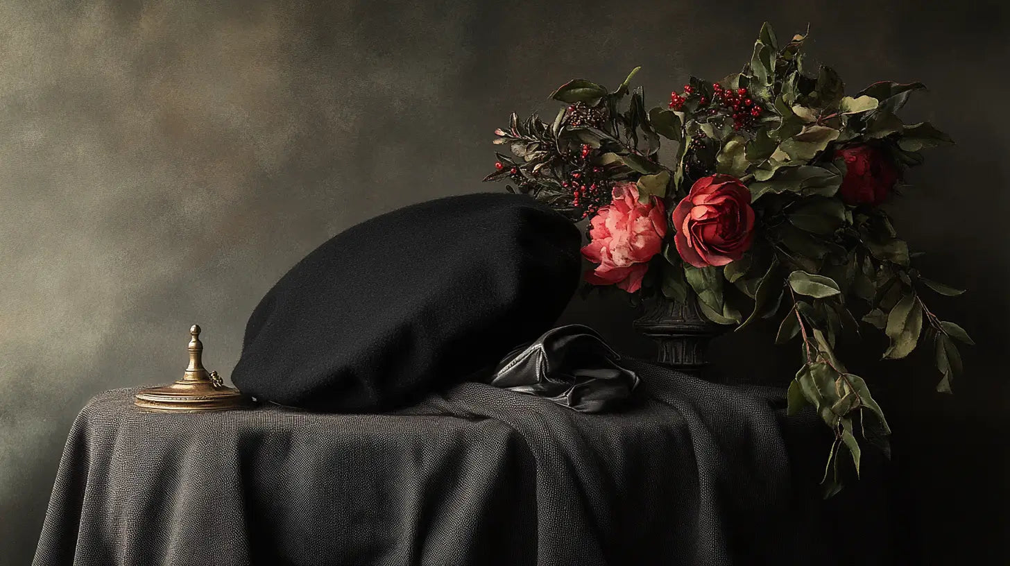 A tasteful still-life featuring a classic black wool beret arranged with subtle funeral accessories, showcasing respectful elegance and timeless craftsmanship.
