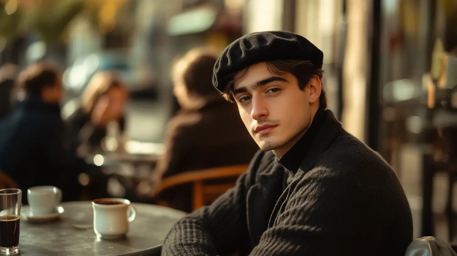 A high-resolution photograph of a confident man stylishly wearing a beret at an outdoor café, illustrating timeless elegance and modern masculinity.