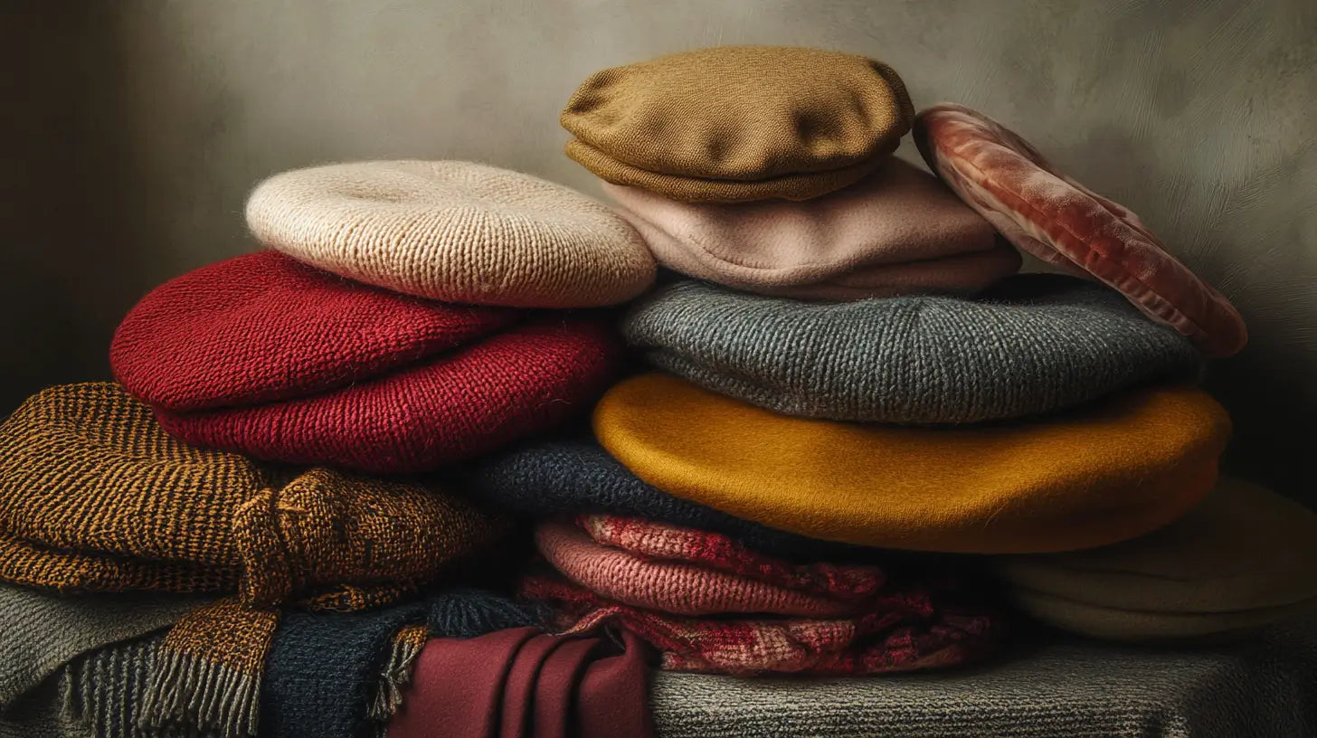 An elegant still-life display of large-sized wool and acrylic berets, tastefully arranged with subtle fashion accessories, highlighting their craftsmanship and stylish versatility.