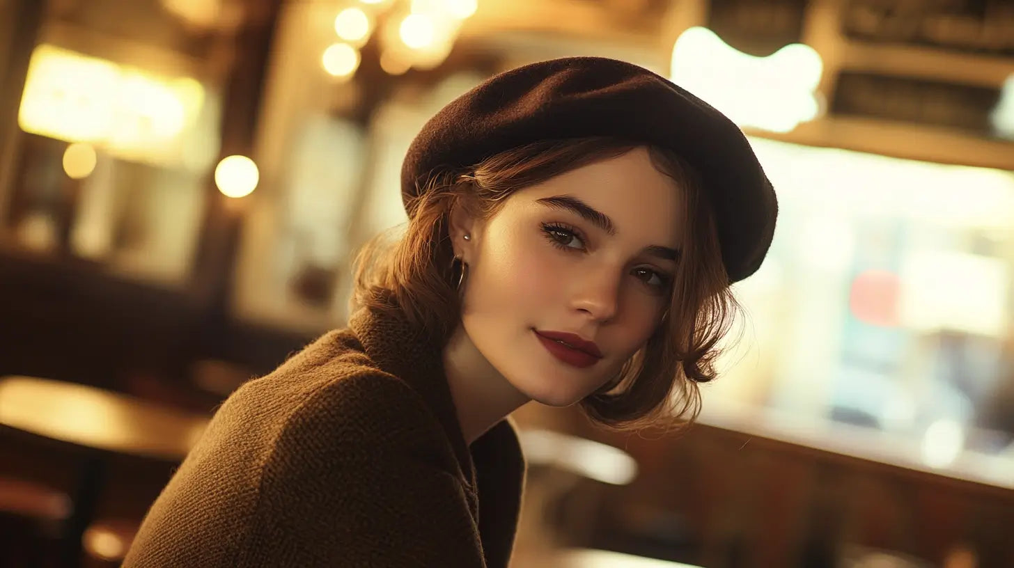 Stylish individual wearing a classic wool beret tilted to the right in a softly lit café, emphasizing elegant French craftsmanship and fashion.