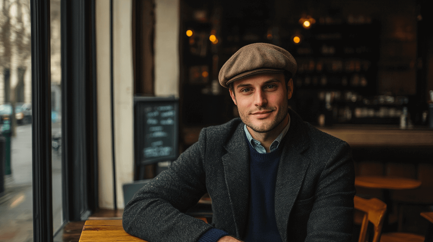 Confident man stylishly wearing a classic wool French beret in an elegant urban cafe setting.
