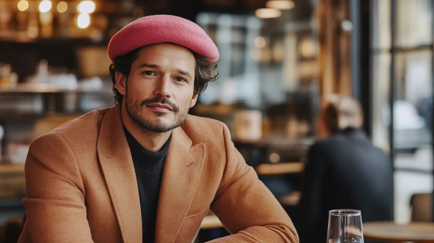A stylish man confidently wearing a pink beret at a European-style café, showcasing the trend's bold expression of individuality and modern masculinity.
