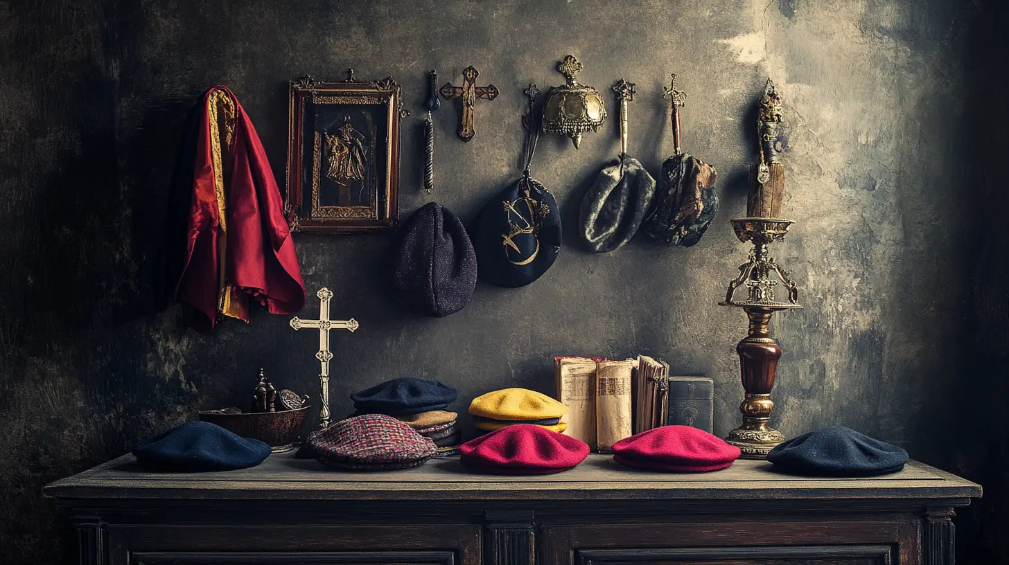 A tasteful still-life showcasing various berets arranged with subtle religious symbols and scholarly props, highlighting their cultural heritage and spiritual significance.