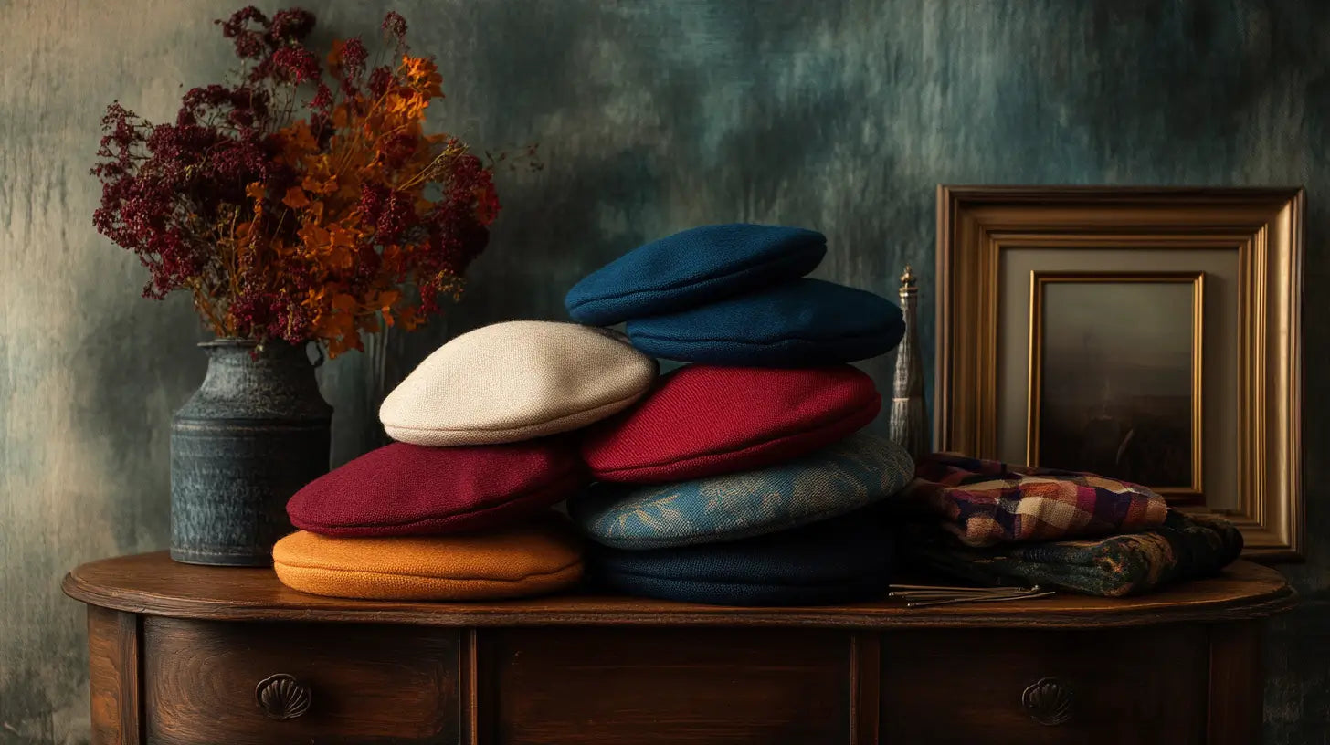 An elegant still-life scene highlighting synthetic berets arranged tastefully with subtle fabrics and accessories, illustrating breathability, modern style, and quality craftsmanship.